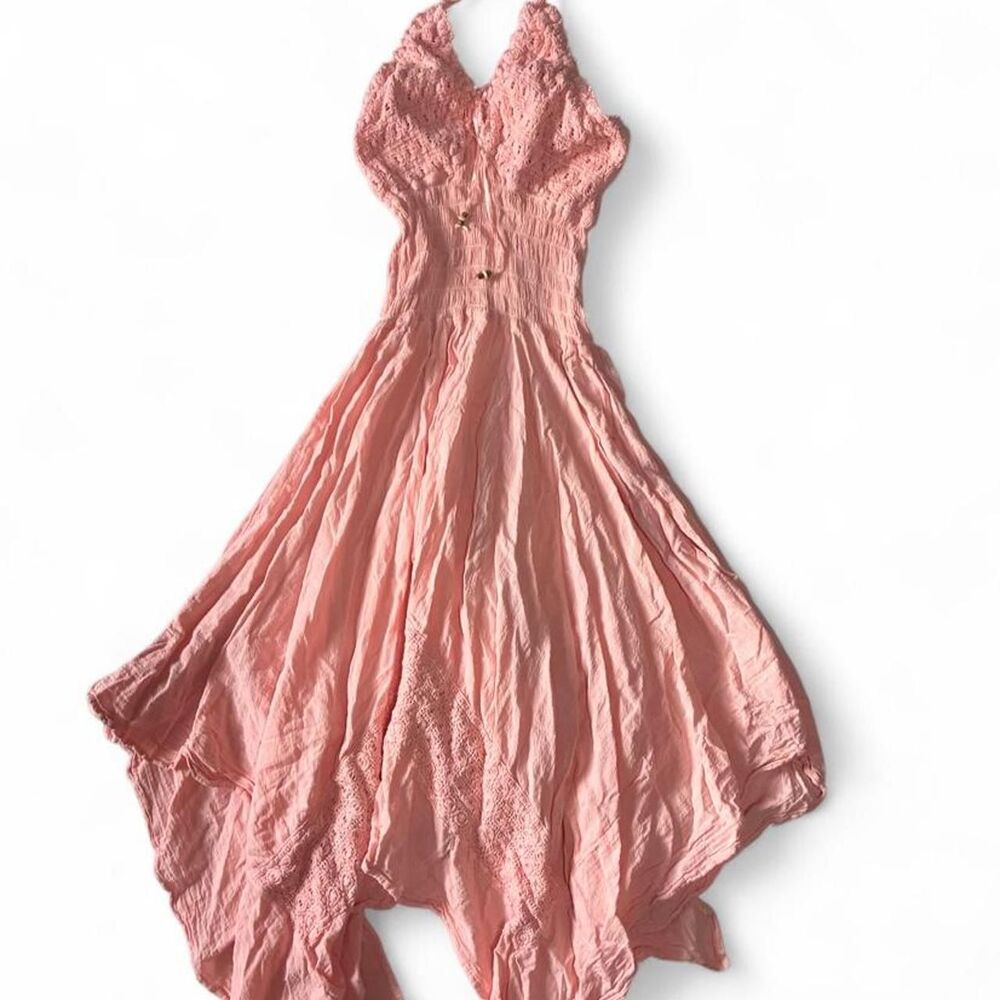 Vintage boho peach asymmetrical cotton halter dress